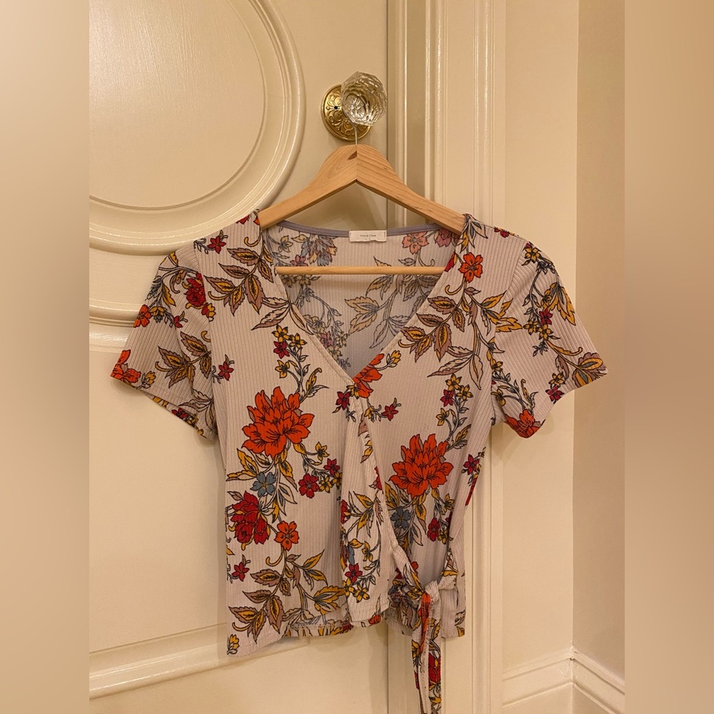 Floral V-Neck Top with Tie Detail